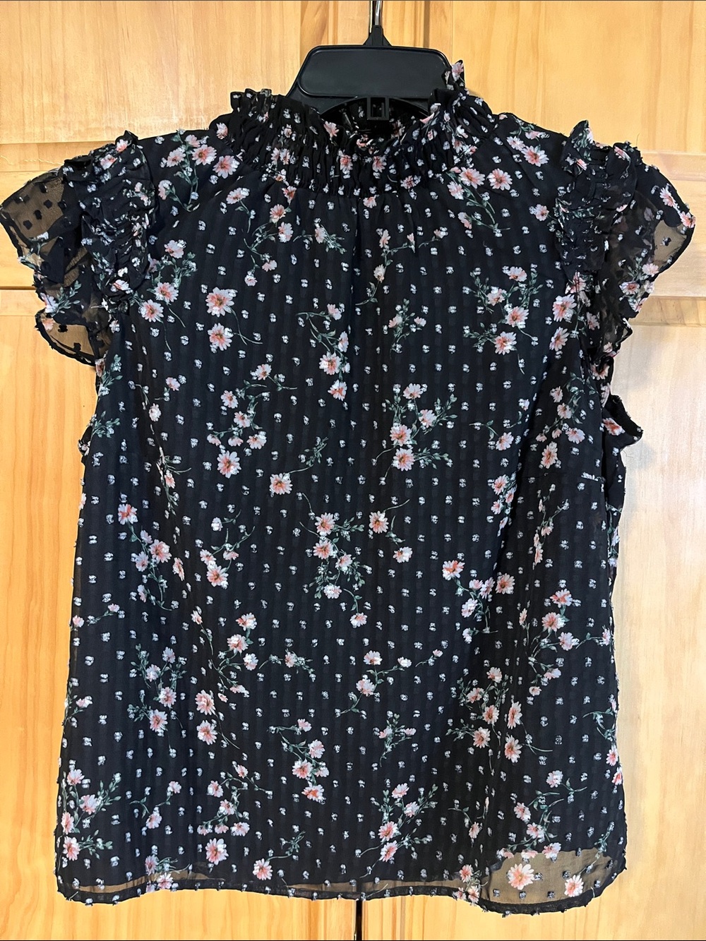 CeCe Black Floral Smocked Ruffle-Sleeve Blouse